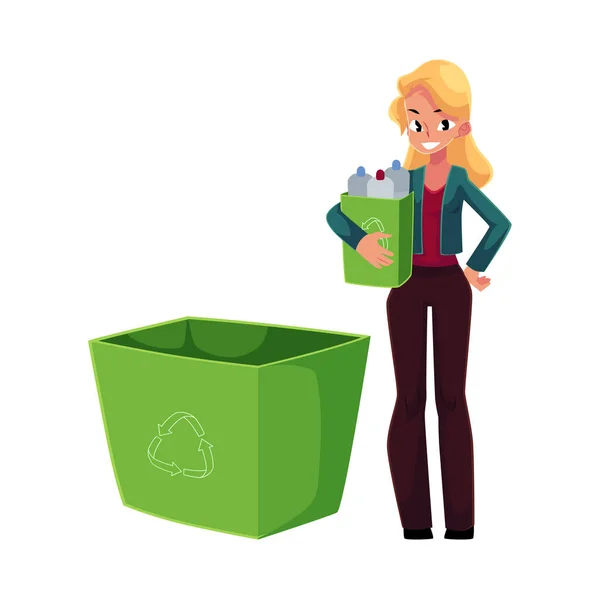 Joven mujer sosteniendo caja de botellas de plástico, concepto de reciclaje de basura — Vector de stock