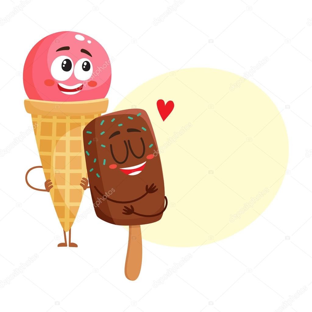 Two funny ice cream characters - strawberry cone and chocolate popsicle