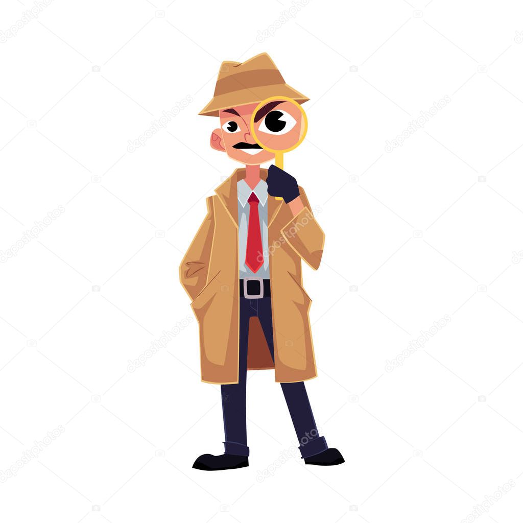 Comic style detective character looking through magnifying glass