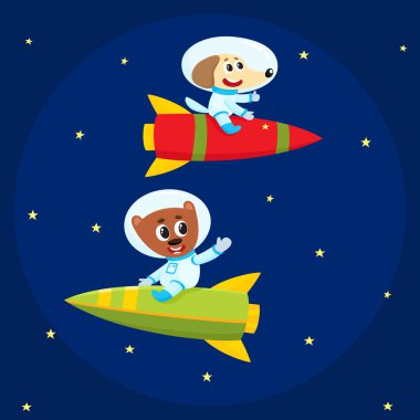Dog and bear astronauts, spacemen riding rockets in open space clipart