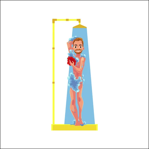 Векторний мультфільм дорослий чоловік приймає душ ізольовано — стоковий вектор