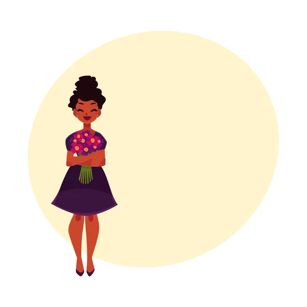 Negro, mujer afroamericana, niña sosteniendo ramo de flores de campo — Vector de stock