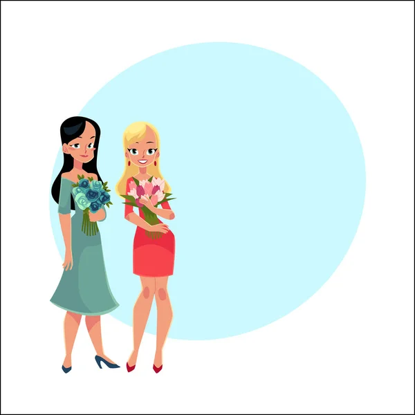 Two beautiful blond women, girls standing, holding bunches of flowers — Stock Vector