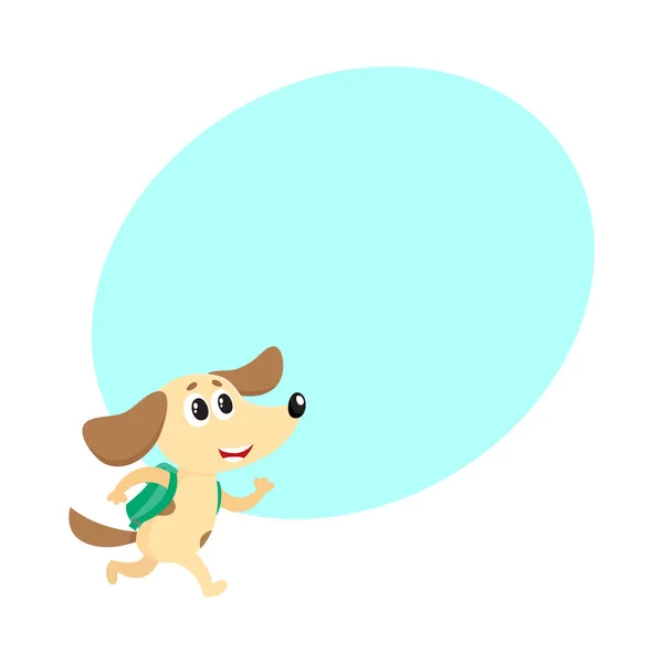 Cute dog, puppy student character with backpack hurrying to school — Stock Vector