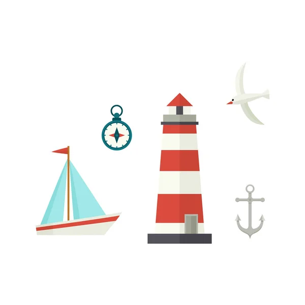 Плоский корабль, маяк, компас, якорь и чайка — стоковый вектор