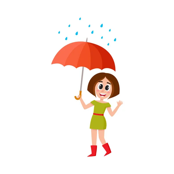 Vector woman stans keeping umbrella in hand — Stock Vector