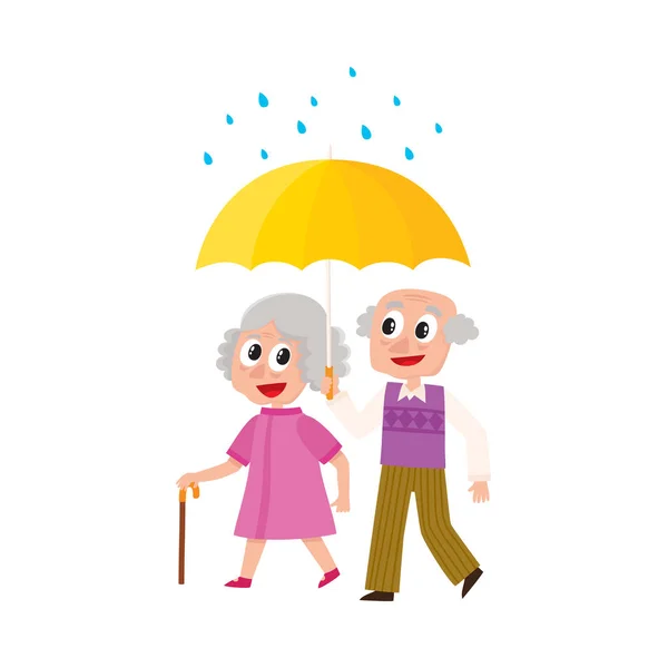 Vetor de cabelos grisalhos casal caminhadas mantendo guarda-chuva — Vetor de Stock