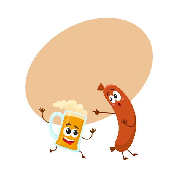让大家一起开心的搞笑啤酒杯子和法兰克福香肠字符 — 图库矢量图片