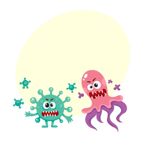 Virus, gérmenes, bacterias personajes con caras humanas y dientes afilados — Vector de stock