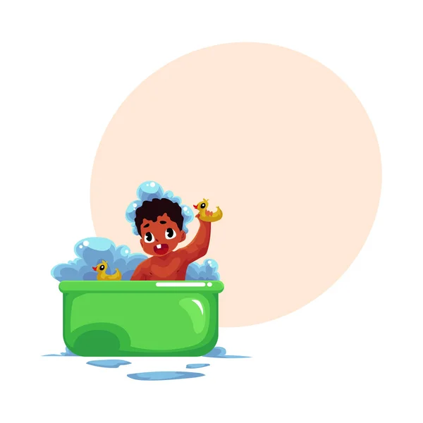 Cute little black, African American, baby, infant, child taking bath — Stock Vector