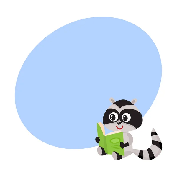 Cute little raccoon student character reading an interesting book — Stock Vector
