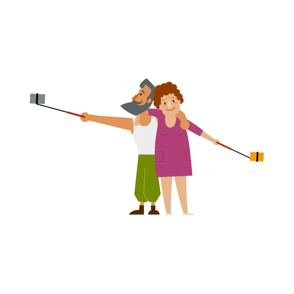 Paar, bebaarde man en mollige vrouw selfie maken — Stockvector