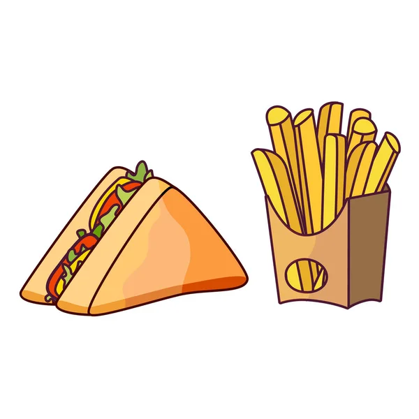 Sándwich vectorial, conjunto de dibujos animados de papas fritas aisladas — Vector de stock