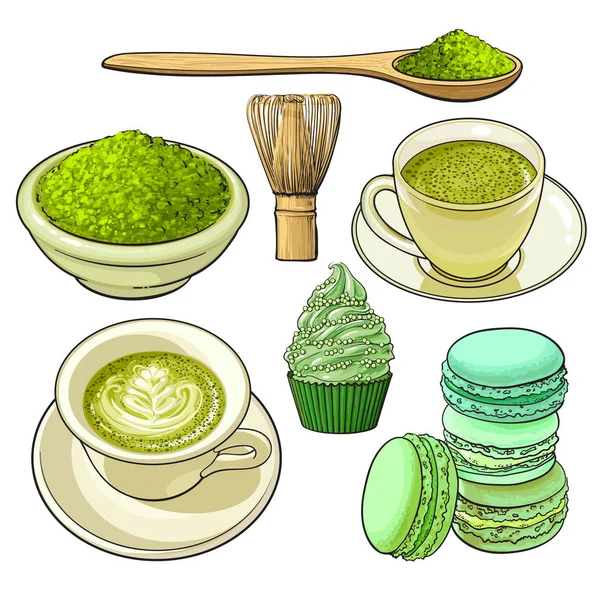 Большой набор зеленого чая маття, продуктов питания и аксессуаров — стоковый вектор