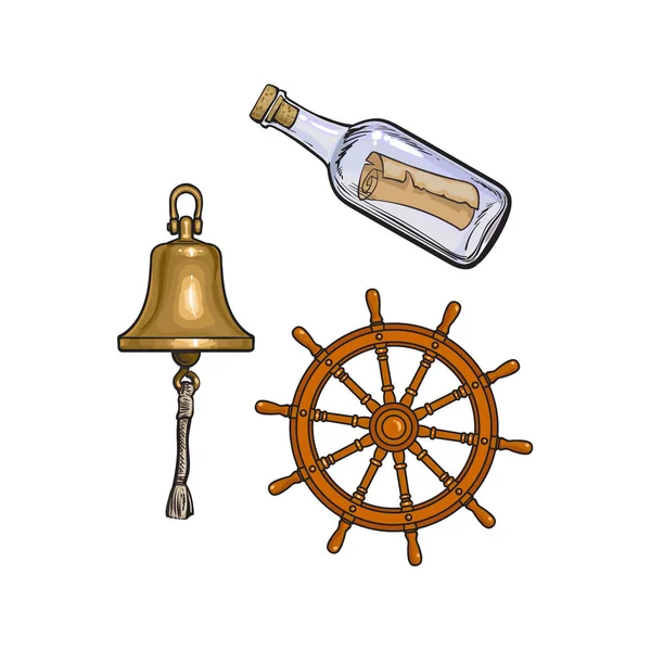 船用号钟、 方向盘和瓶中的消息 — 图库矢量图片
