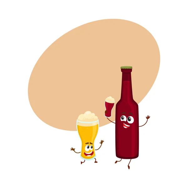 有趣的啤酒瓶和玻璃字符玩乐，喝酒 — 图库矢量图片