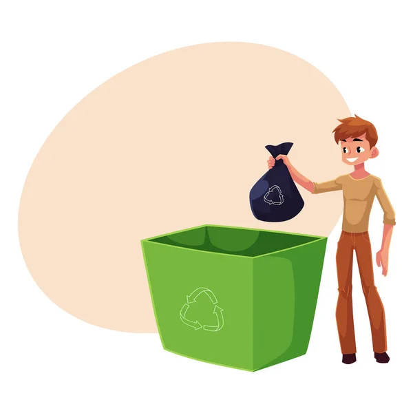 Jonge man brengen vuilniszak in de Prullenbak, afvalrecycling — Stockvector