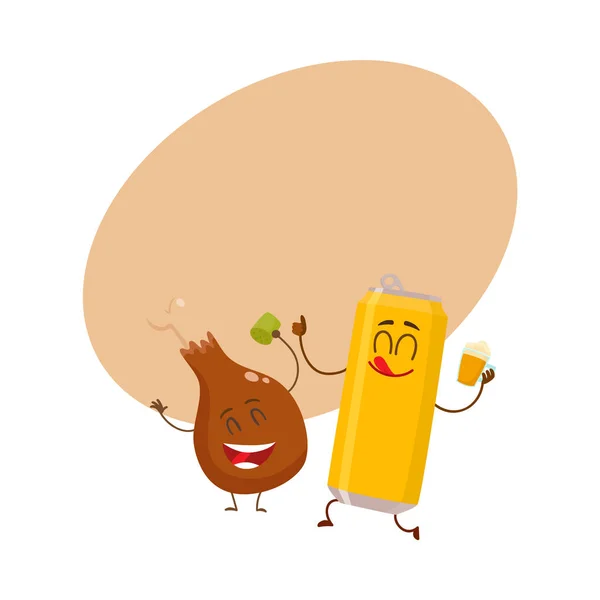 Bière drôle peut et poulet frit personnages jambe avoir du plaisir — Image vectorielle