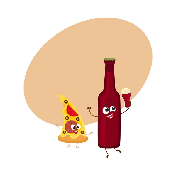 Funny beer bottle and yummy pizza slice characters having fun — Stock Vector