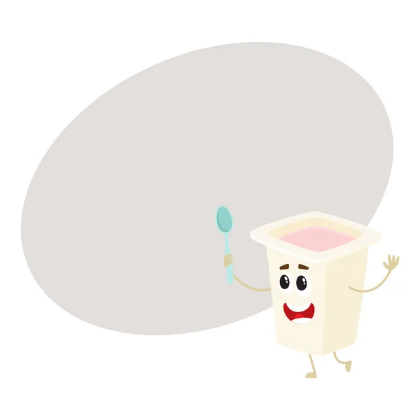 Plastik kap içinde insan yüzü gülen ile komik yoğurt karakter — Stok Vektör