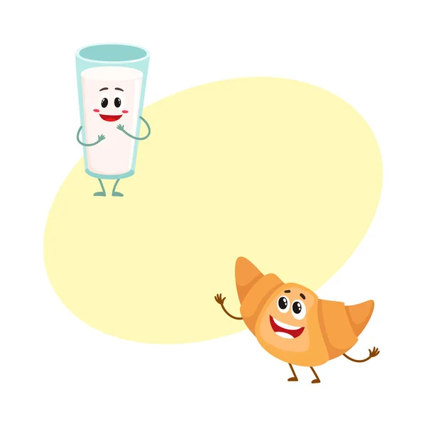 Смешной улыбающийся стакан молока и круассанов, идеальный клюв — стоковый вектор