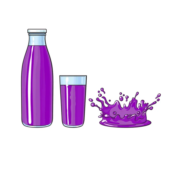 Vektor-Glas, Flasche lila Fruchtsaft, Spritzer — Stockvektor