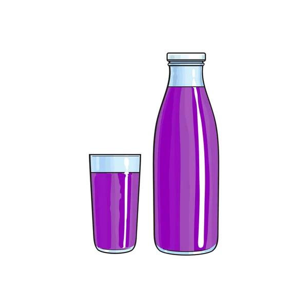 Vidro de desenho animado vetorial, garrafa de suco de frutas roxas —  Vetores de Stock