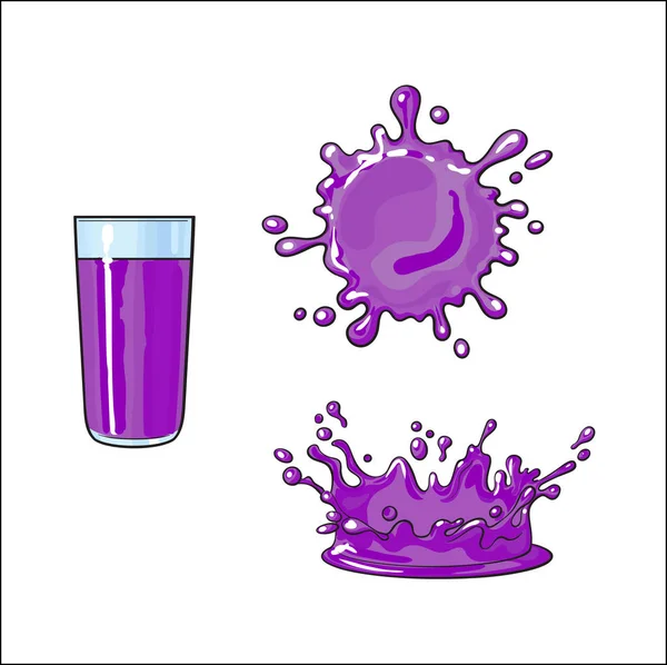 Векторна скляна чашка фіолетового фруктового соку, бризки — стоковий вектор