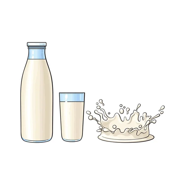 Copo de vidro do vetor, respingo da gota do leite da garrafa —  Vetores de Stock