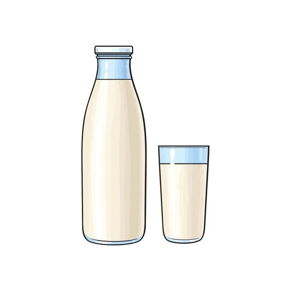 Vektor kreslené skleněná láhev a hrnek mléka . — Stockový vektor