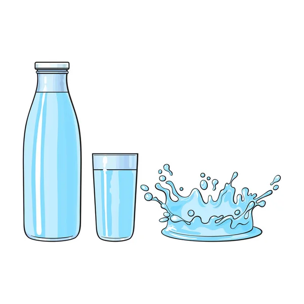 グラス、ボトル、冷たい水のしぶきをベクトルします。 — ストックベクタ