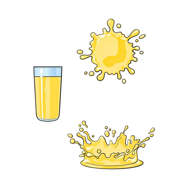 벡터 유리 컵, 레몬 주스의 비 말 설정 — 스톡 벡터