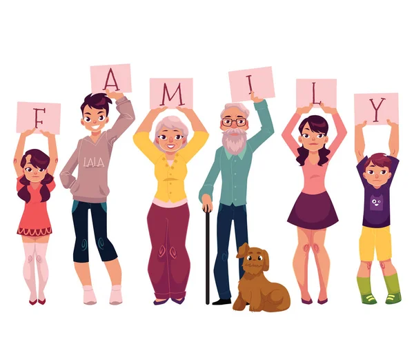 Abuelos y nietos sosteniendo palabra FAMILIA — Vector de stock