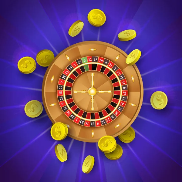 Vector llano casino ruleta rueda, monedas de oro — Vector de stock