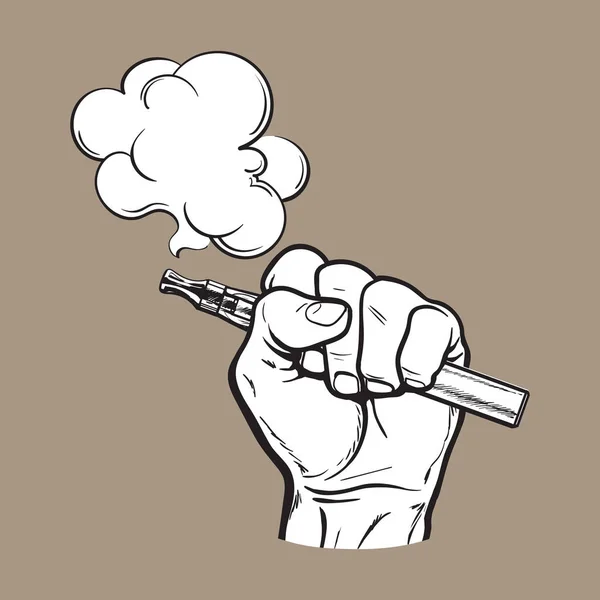 Männliche Hand hält E-Zigarette, elektronische Zigarette, Dampf, Rauch, der austritt — Stockvektor