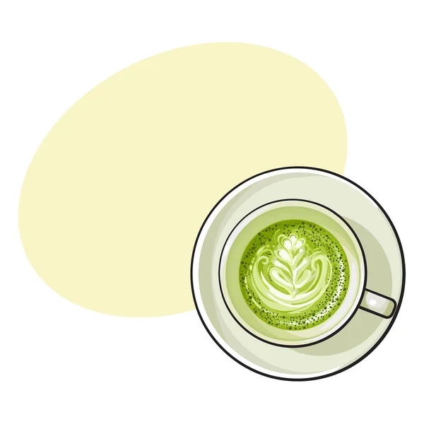 Matcha grönt te latte, cappuccino dryck, ovanifrån — Stock vektor