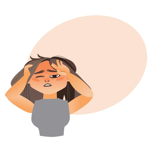 Vrouw met ernstige hoofdpijn, migraine — Stockvector