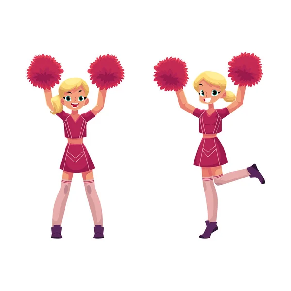 Vetor sorridente cheerleader dançando com pom-poms —  Vetores de Stock