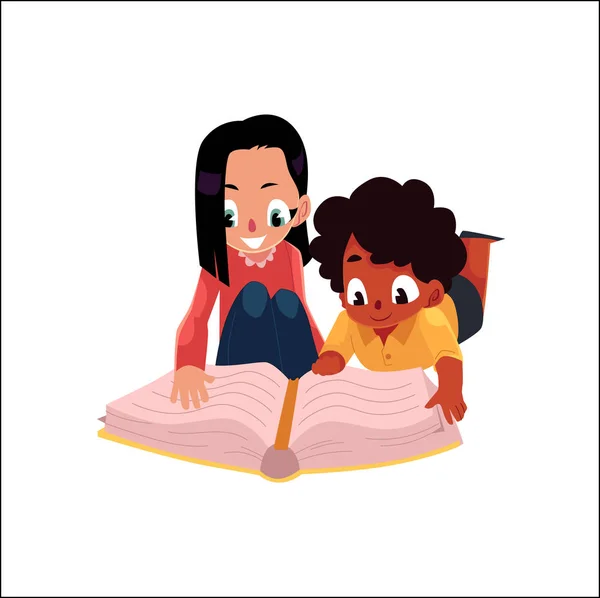 2 dzieci, dziewczyn, czytanie książki, leżącego na podłodze — Wektor stockowy