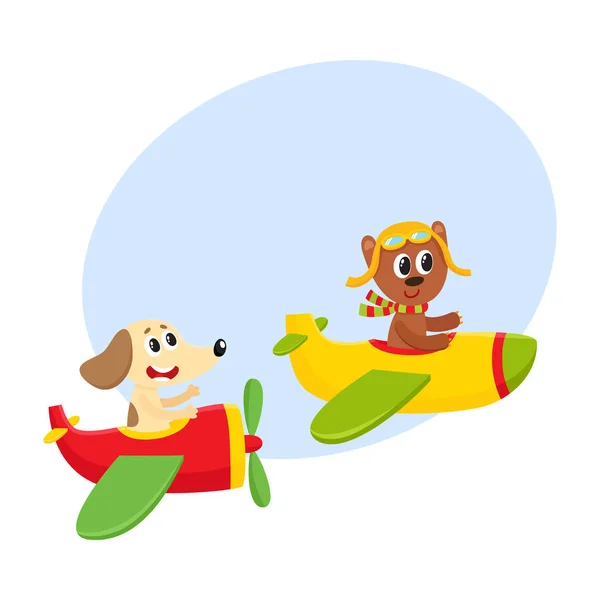 Смішні персонажі пілотів тварин, що літають на літаку - ведмідь і собака — стоковий вектор
