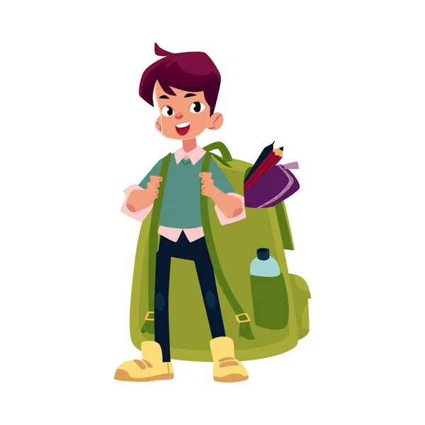 Διάνυσμα αγόρι με big σχολική τσάντα στέκεται χαμογελώντας — Διανυσματικό Αρχείο