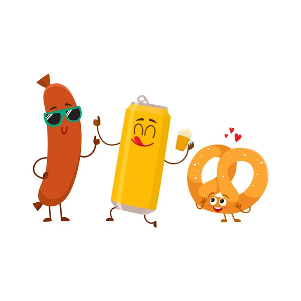 Feliz lata de cerveza, pretzel salado, salchichas frankfurter personajes teniendo fiesta — Archivo Imágenes Vectoriales