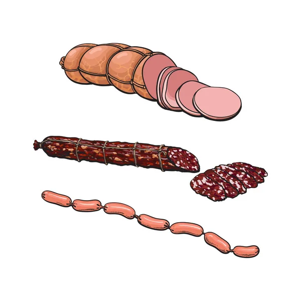 Vetor esboço diferente tipo de salsicha conjunto isolado — Vetor de Stock