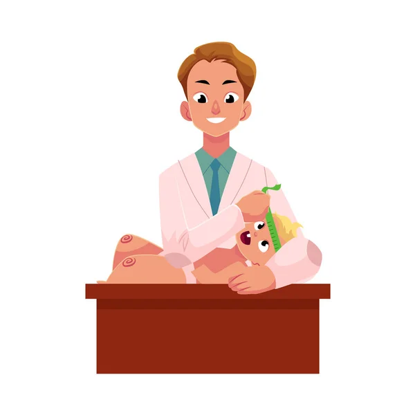 Doutor, pediatra medindo bebê, cabeça de bebê — Vetor de Stock