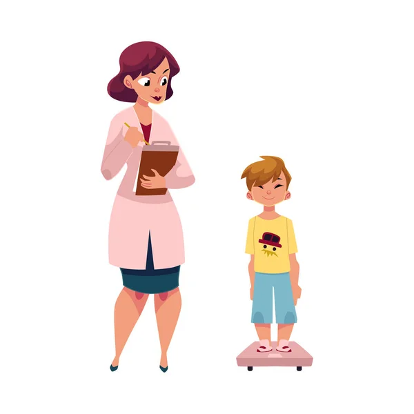 女医の男の子の子供、子供の重量を測定 — ストックベクタ