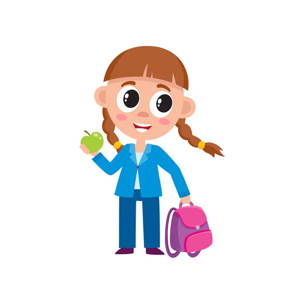 Petite fille mignonne avec sac à dos habillé pour l'école — Image vectorielle