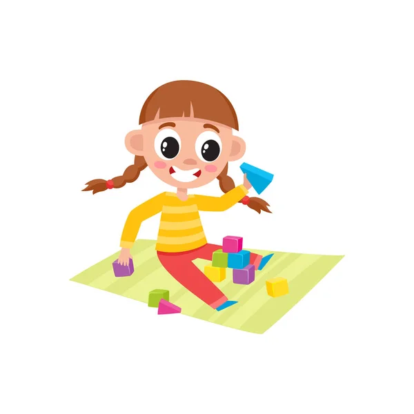 Gadis kecil bermain dengan blok kayu mainan - Stok Vektor