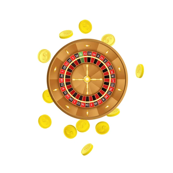 Vector llano casino ruleta rueda, monedas de oro — Vector de stock