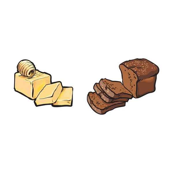 Croquis vectoriel barre de beurre avec des tranches, pain brun — Image vectorielle