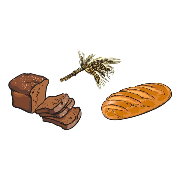 Vector blanco, pan rebanado marrón, conjunto de espigas de trigo — Vector de stock